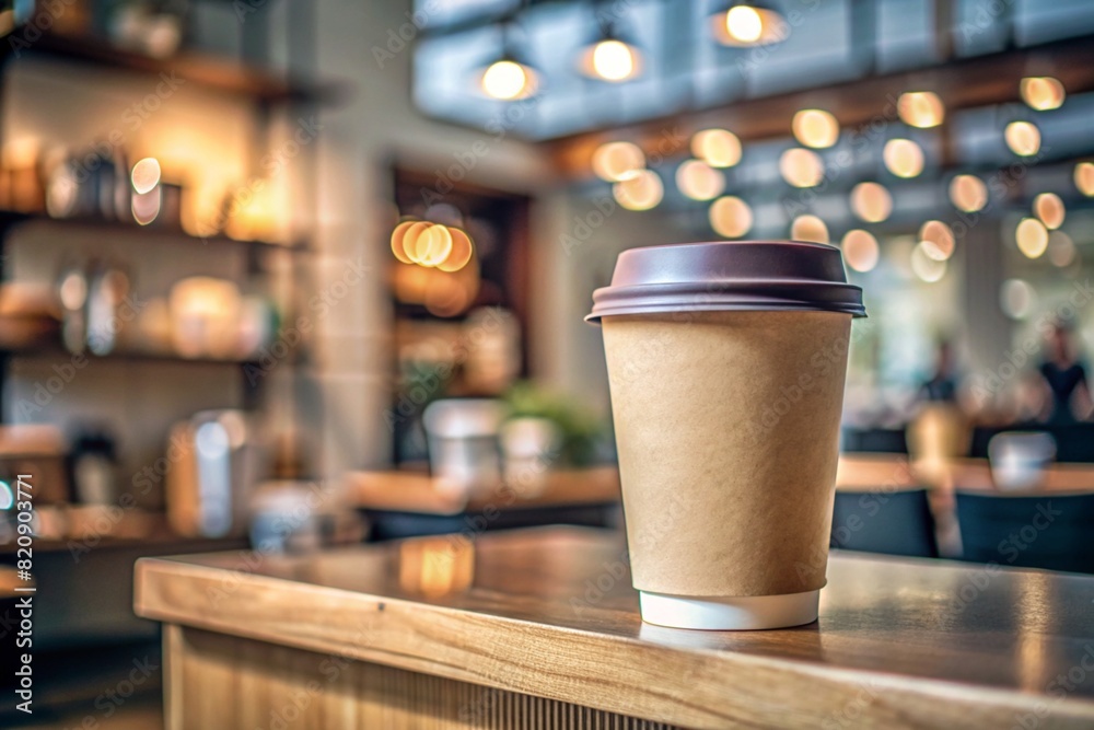 Eco-friendly disposable paper cup with takeaway coffee on the table on a blurred background of the coffee shop. A place for the text. Eco-friendly disposable paper cup with takeaway coffee on the table on a blurred background of the coffee shop. A place for the text.