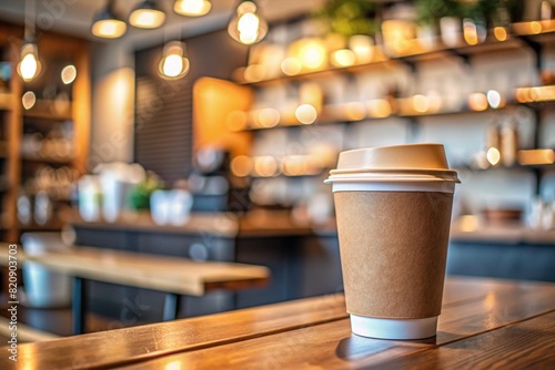 Eco-friendly disposable paper cup with takeaway coffee on the table on a blurred background of the coffee shop. A place for the text. © Юлия Клюева