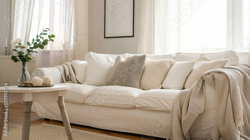 Cozy white sofa with decor on coffee table in living room