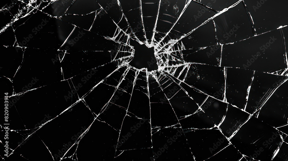 Fototapeta premium Abstract pattern of spider-web cracks emanating from a central hole in a pane of glass, showcased against a deep black backdrop.