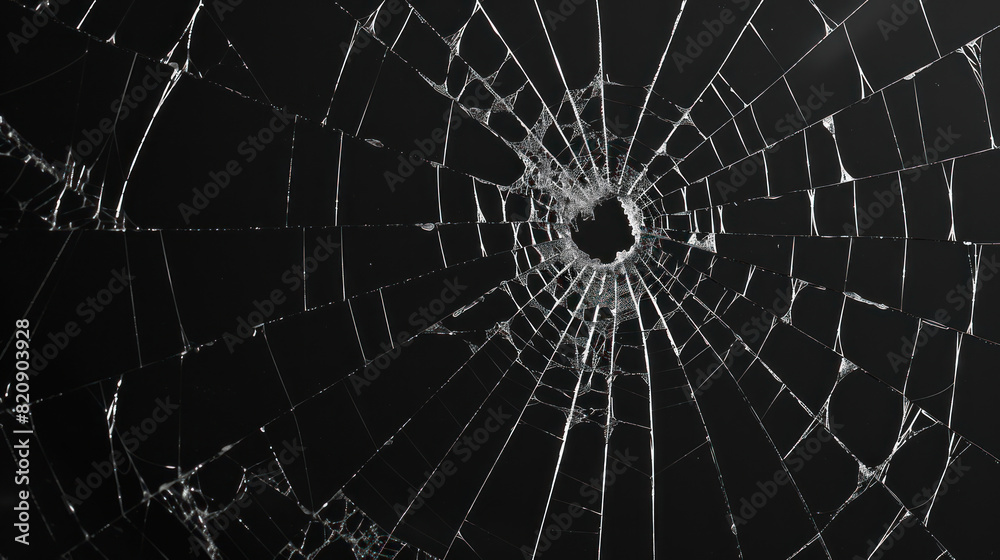 Fototapeta premium Abstract pattern of spider-web cracks emanating from a central hole in a pane of glass, showcased against a deep black backdrop.