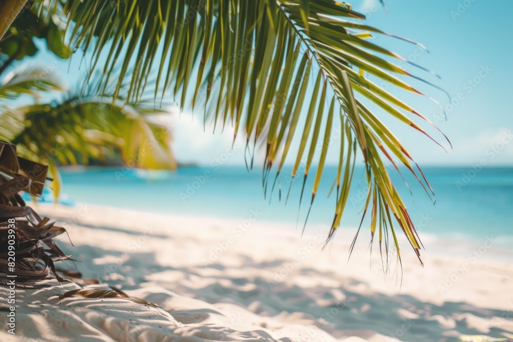 Fototapeta premium Beach Accessories On Blue Plank - Summer Holiday Banner. Beautiful simple AI generated image in 4K, unique.