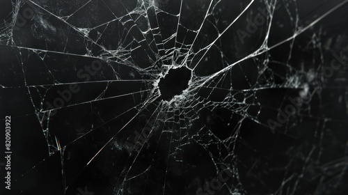 Abstract pattern of spider-web cracks emanating from a central hole in a pane of glass, showcased against a deep black backdrop. photo