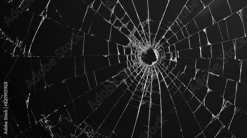 Abstract pattern of spider-web cracks emanating from a central hole in a pane of glass, showcased against a deep black backdrop.