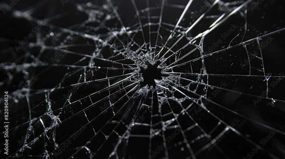 Abstract pattern of spider-web cracks emanating from a central hole in a pane of glass, showcased against a deep black backdrop. Abstract pattern of spider-web cracks emanating from a central hole in a pane of glass, showcased against a deep black backdrop.