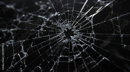 Abstract pattern of spider-web cracks emanating from a central hole in a pane of glass, showcased against a deep black backdrop.
