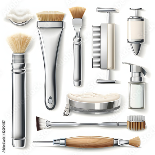 Set of shaving tools and cosmetic products in barbershop isolated on white background, png
 photo