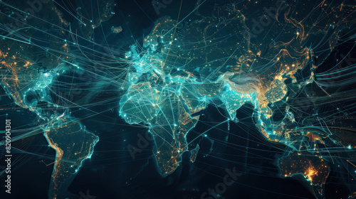 Abstract visualization of global trade with interconnected world map and shipping routes.