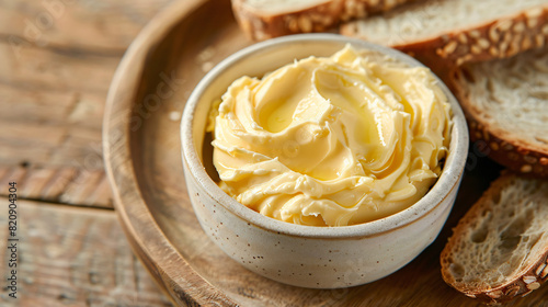 Creamy butter and bread on wooden background closeup -