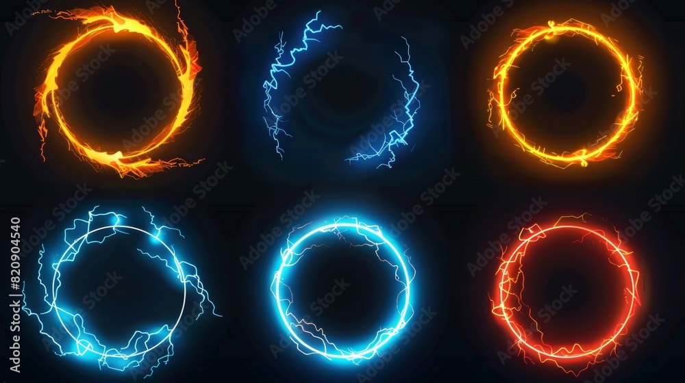 The UI circle border for profile avatars in game with electricity lightning effect. Neon thunderbolt frame isolated modern. Different fantasy elements for user wreath. Winner ring design.
