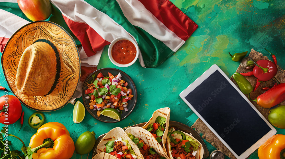 Traditional Mexican food with sombrero flag and tablet