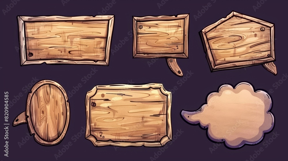 Cartoon illustration of wooden speech bubbles isolated on a white background. Modern illustration of empty message frames with blank paper templates. Retro announcement boards with square, Cartoon illustration of wooden speech bubbles isolated on a white background. Modern illustration of empty message frames with blank paper templates. Retro announcement boards with square,