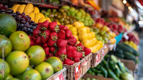 Fresh strawberries and assorted fruits are abundantly displayed at a colorful market stall, inviting and lush