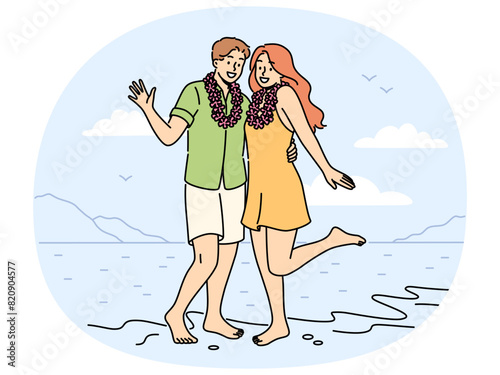 Smiling couple in flower wreaths on neck posing on beach on honeymoon. Happy man and woman enjoy summer vacation on seashore. Vector illustration.