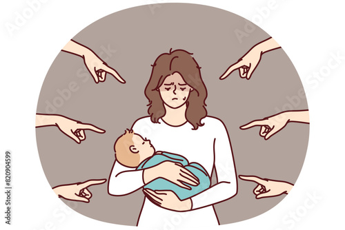 Young mother with baby in arms is ashamed because of condemnation of surrounding people pointing fingers. Woman who becomes mother feels postpartum depression and needs psychological support
