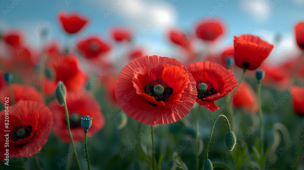 Obraz premium A close-up of red poppies against a blue sky enhance the colors and contrast, symbolizing peace and remembrance on Memorial Day the blue of the sky and the red of the poppies