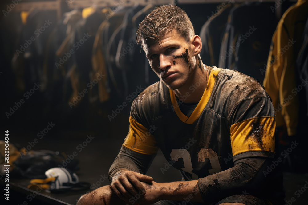 young handsome caucasian football player sitting in locker room at sport club young handsome caucasian football player sitting in locker room at sport club
