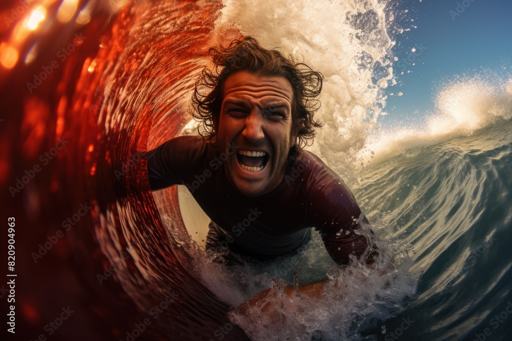 Surfer in the ocean on a surfboard with a big wave