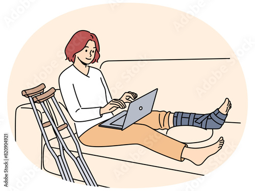 Woman sit on sofa at home with broken leg working on computer. Positive female with cast on leg freelance on laptop. Sick leave and remote work. Vector illustration.