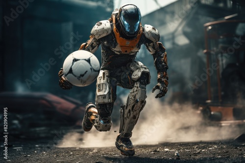 Futuristic astronaut running with his soccer ball in his hands. photo