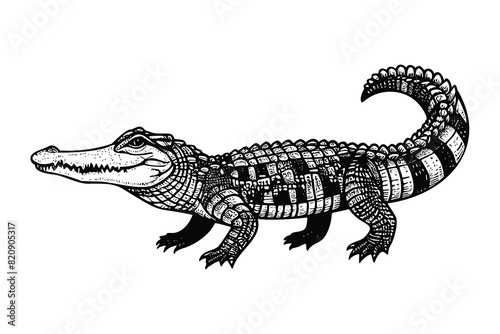 crocodile illustration. hand drawn alligator black and white vector illustration. isolated white background