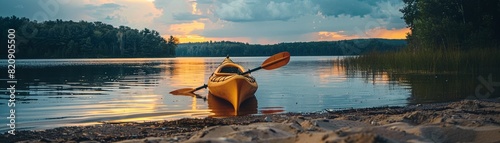 A kayak flipped over on the shore with a paddle lying nearby, representing adventure, exploration, and the stillness after an active day photo
