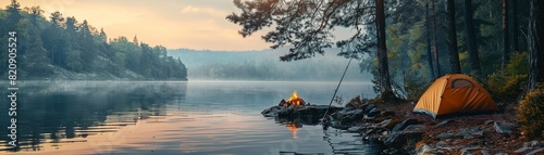 A peaceful lakeside campsite with a tent, a fishing rod leaning against a tree, and a campfire ready to be lit, evoking tranquility and outdoor relaxation photo