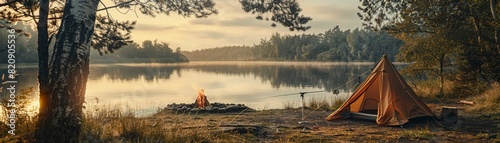A peaceful lakeside campsite with a tent, a fishing rod leaning against a tree, and a campfire ready to be lit, evoking tranquility and outdoor relaxation photo