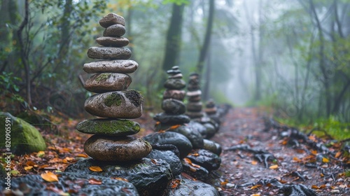 A series of trail markers or cairns leading through a dense forest, evoking the sense of direction, discovery, and journeying into the unknown photo