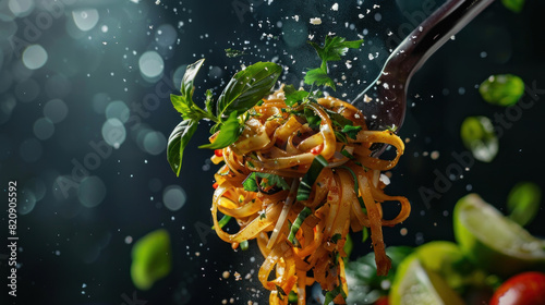An artistic arrangement of Pad Thai, with noodles elegantly twirled on a fork, surrounded by a halo of herbs and lime wedges, ready for a menu shoot.