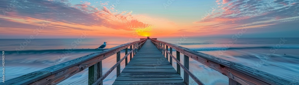 Boardwalk at Dawn A wooden boardwalk stretching out to sea with seagulls perched along the railings, symbolizing the calm and anticipation of a new summer day
