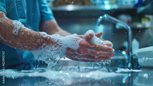 Detailed View of Surgeon’s Hands Scrubbing Sterilely Pre-Operation photo