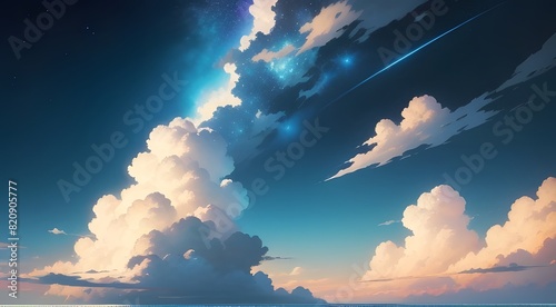 流れ星の落ちる雲と空のアニメ風イラスト photo