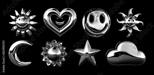 Set of eight shiny metallic emoji icons, including smiley faces, hearts, stars, and weather symbols, on a black background © Svetlana Kolpakova