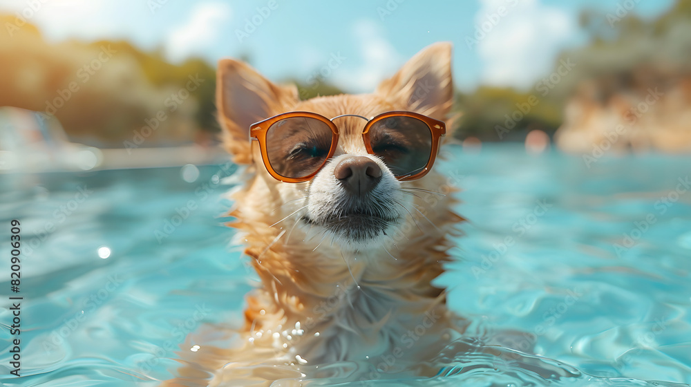 A dog wearing sunglasses enjoys swimming in a pool, showcasing a fun and relaxed summer mood
