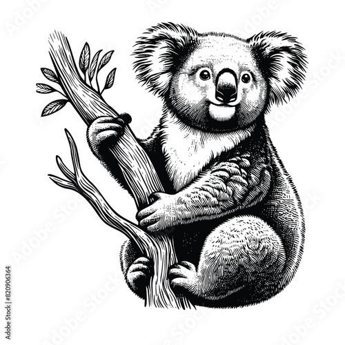 koala illustration. hand drawn koala black and white vector illustration. isolated white background
