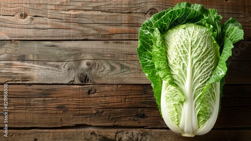 Close-up of a fresh napa cabbage placed on a rustic wooden surface. photo