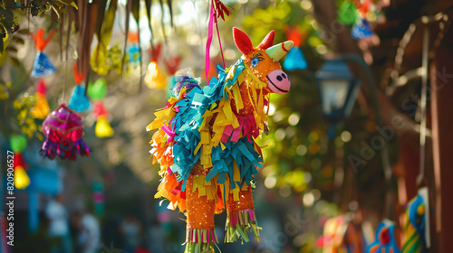 Creative Mexican pinata hanging outdoors photo