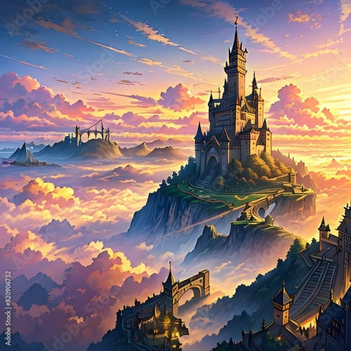 雲海の上に建つ西洋風の城のアニメ風イラスト photo
