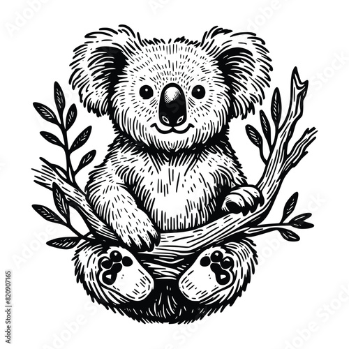 koala illustration. hand drawn koala black and white vector illustration. isolated white background © Nurjen