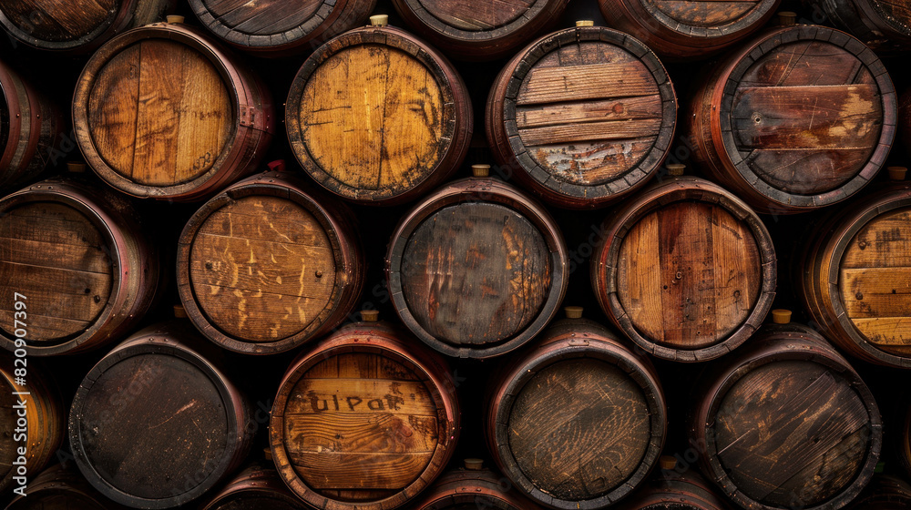 Background of wooden wine casks neatly arranged in a cellar. Background of wooden wine casks neatly arranged in a cellar.