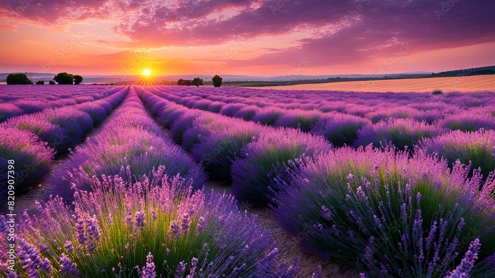 Sunset over a summer lavender field in Tihany, Hungary Sunset over a summer lavender field in Tihany, Hungary