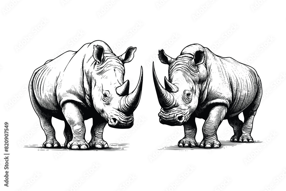 Fototapeta premium set of rhino illustration. hand drawn rhino black and white vector illustration. isolated white background