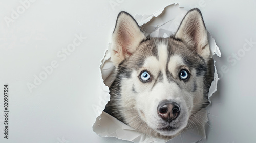 Adorable gray white Siberian Husky dog sticking its head out of hole in white paper isolated on plain white background created with Generative AI Technology