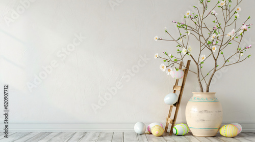Tree branches in vase and stepladder with Easter eggs photo