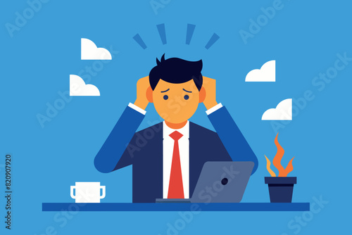 Concept - A man is burned by fire in the workplace. A bad job or business. A negative result of stress.