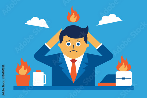 Concept - A man is burned by fire in the workplace. A bad job or business. A negative result of stress.