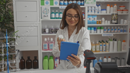 Tableau sur toile A young hispanic brunette woman wearing glasses in a white coat at a pharmacy, holding a bottle and looking at a tablet indoors