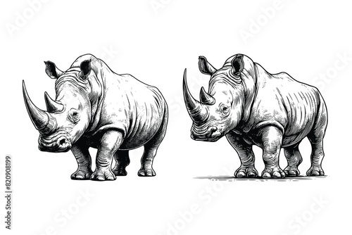 set of rhino illustration. hand drawn rhino black and white vector illustration. isolated white background © Nurjen