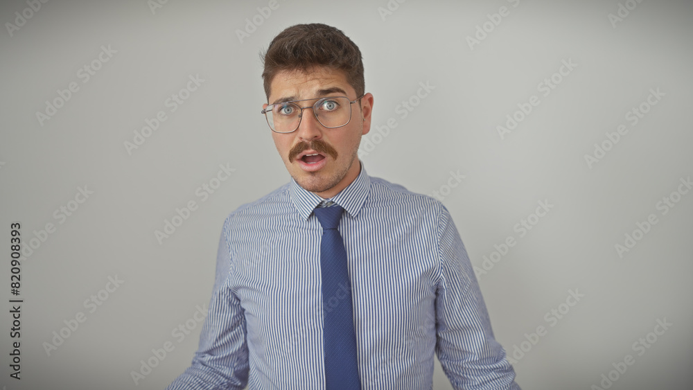 Handsome young hispanic man with moustache wearing glasses and striped shirt isolated against a white wall Handsome young hispanic man with moustache wearing glasses and striped shirt isolated against a white wall